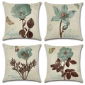 Set of four linen pillow covers featuring blue floral patterns and inspirational words - Blue Floral Butterfly Vintage (Style-8) / 45*45 Pillowcase