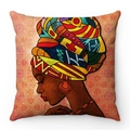Fodera per cuscino in peluche con ritratto artistico di donna africana e turbante colorato - Modello 1