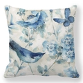Kussensloop met blauwe aquarelbloemen en vogels van zachte perzikenhuid stof - Blauwe Vogel en Aquarel Bloemen Stijl