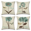 Set of four vintage linen throw pillow covers with butterfly and floral art prints - Teal Vintage Country (Style-9) / 45*45 Pillowcase