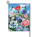 Garden flag featuring hummingbirds and roses on a black scrolled metal stand - Hummingbird & Rose Illustration Style (Style 2) / Linen