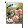 Gartenflagge mit lebendigen blauen Vögeln und rosa Rosen an einem Metallständer - Herbstgarten Vogelhäuschen Stil (Stil 6)
