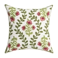 Square white decorative pillow cover with pink flower embroidery and green piping trim - Square Pillowcase / Pastoral Fresh Botanical (Style-1)