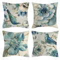 Set di 4 federe per cuscini in lino con motivi vintage di uccelli e fiori - Acquerello Vintage Uccelli (Stile-10)