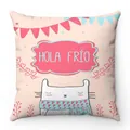 Soft pink decorative pillow case with cartoon cat illustration and Hola Frío text - Hola Frio Cat (Style-1)