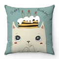 Short plush throw pillow case with cartoon white cat and birthday cake illustration - Birthday Cake White Cat (Style-4)