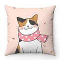 Detail of soft plush cushion cover featuring a cute hand-drawn calico cat with pink scarf - Pink Scarf Calico Cat (Style-5)