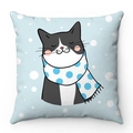 Detailed front view of soft pillowcase featuring a cute cartoon cat on blue polka dots - Blue Polka Dot Scarf Cat (Style-7)