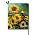 Garden flag with vibrant sunflowers, goldfinch, and birdhouse on a black metal stand - Sunflower and Goldfinch Style (Style 4) / Linen