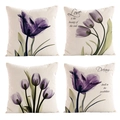 Set di 4 federe in lino con tulipani viola e motivi decorativi di tipografia floreale - Tulipani Viola Citazioni (Stile-14)