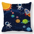 Cartoon astronaut and space planets pattern on a navy blue square decorative pillowcase - 45*45 Pillowcase / Red Sun Rocket Astronaut (Style-3)