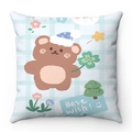 Fodera per cuscino in peluche corto con orsetto dei cartoni e motivo a quadri blu - Orso Con Berretto Da Notte E Trifoglio (Stile-8) / 45x45cm