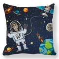 Detailed view of peach skin fabric cushion cover featuring cartoon astronaut and UFO prints - 45*45 Pillowcase / Exploring Satellite Astronaut (Style-9)