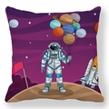 Close-up of peach skin pillow cover featuring a cartoon astronaut and purple galaxy print - 45*45 Pillowcase / Planet Balloon Red Flag Astronaut (Style-10)
