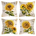Vierer-Set Leinen-Kissenbezüge mit Vintage-Sonnenblumen- und Schmetterlingsmustern - Heller Sonnenblumen-Stil-13