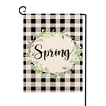Detailed texture of burlap garden flag with buffalo check pattern and Spring wreath - Style-4 (Buffalo Check Spring Wreath) / 30x45cm