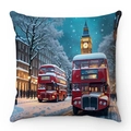 Detalle de funda de cojín de felpa suave con noche de invierno en Londres, buses y Big Ben - Escena de Nieve en Londres (Estilo-2)