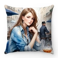 Dettaglio della fodera per cuscino decorativo in morbido peluche con illustrazione a cartone - Donna alla Moda (Stile-8)