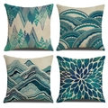4er-Set moderne abstrakte Leinenkissenbezüge in Petrol mit geometrischen Bergmustern - Abstrakter Cyan-Blau-Kunststil-15