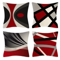 4er-Set Kissenbezüge aus Leinen mit roten und grauen abstrakten geometrischen Mustern - Rot-schwarzer minimalistischer geometrischer Stil-16
