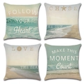 Set di quattro federe per cuscini in lino con motivi costieri e frasi sul mare - Tema Spiaggia (Stile-1)