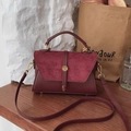 Retro burgundy frosted leather square handbag with golden buckle and crossbody strap - Red