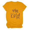 Detailed close-up of yellow cotton T-shirt featuring Be Kind print and heart design - S / Tops / Mustard Yellow (Black Text)