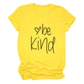 Detail of Be Kind print and heart graphic on a bright yellow cotton t-shirt - S / Tops / Yellow (Black Font)