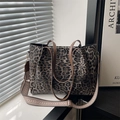 Large leopard print tote bag with brown handles and stylish patterned wide strap - Brown