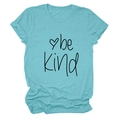 Detailed view of 'be kind' typography and heart print on teal cotton t-shirt - S / Tops / Deep Water Blue (Black Font)