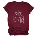 Detail of burgundy be kind printed t-shirt with rolled cuffs and heart graphic - S / Tops / Wine Red (White Font)