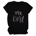 Detail of Be Kind text and heart graphic on a black cotton short sleeve T-shirt - S / Tops / Black (White Font)