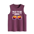 Detail of Top Gun inspired 'Talk To Me Goose' print on purple cotton tank top fabric - S / Fuschia