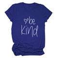 Detail shot of navy blue cotton t-shirt featuring be kind script and heart graphic - S / Tops / Retro Blue (White Font)