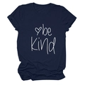 Detail of navy blue t-shirt with white 'be kind' slogan and small heart print - S / Tops / Navy Blue (White Font)