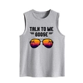 Detail of grey Talk To Me Goose tank top featuring aviator sunglasses and sunset graphic - S / Light Gray