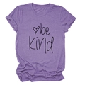 Detailed close-up of purple be kind heart t-shirt with cotton fabric texture and rolled cuffs - S / Tops / Purple (Black Font)