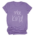 Close-up of be Kind handwritten typography and heart print on heather purple t-shirt - S / Tops / Purple (White Font)