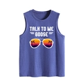 Detail of navy sleeveless tank top featuring Talk To Me Goose text and aviator graphics - S / Vintage Blue
