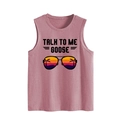Detailed view of pink tank top featuring Talk To Me Goose text and sunset graphics - S / Rose Gold