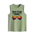 Close-up of Talk To Me Goose text and pilot sunglasses print on light green tank top - S / Olive Green