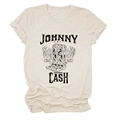 Detailed view of Johnny Cash vintage graphic print with cowboy boots on a beige t-shirt - S / Sand (Black Text)