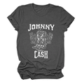 Close-up of Johnny Cash graphic on dark gray t-shirt featuring floral cowboy boots print - S / Dark Grey (White Text)