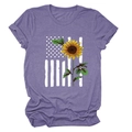 Detail of soft purple cotton t-shirt featuring artistic sunflower and flag stripe print - Purple