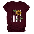 Detail of sunflower and American flag print on wine red short sleeve cotton T-shirt - S / Tops / Burgundy