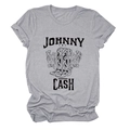 Detail of grey Johnny Cash graphic t-shirt with vintage cowboy boots and floral design - S / Light Grey (Black Text)