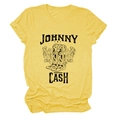 Detail of vintage heather yellow Johnny Cash T-shirt with western boot floral graphic - S / Yellow (Black Text)