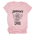 Close-up of Johnny Cash vintage floral boot print on pink cotton blend t-shirt - S / Pink (Black Text)