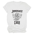Close-up of Johnny Cash graphics with floral cowboy boots on a white cotton T-shirt - S / White (Black Text)