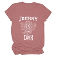 Detail of Johnny Cash graphic print on rose pink cotton t-shirt with floral boots - S / Rose Gold (White Text)